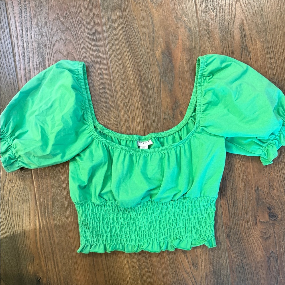 Topshop Bright Green Puff-Sleeve Smocked Crop Top